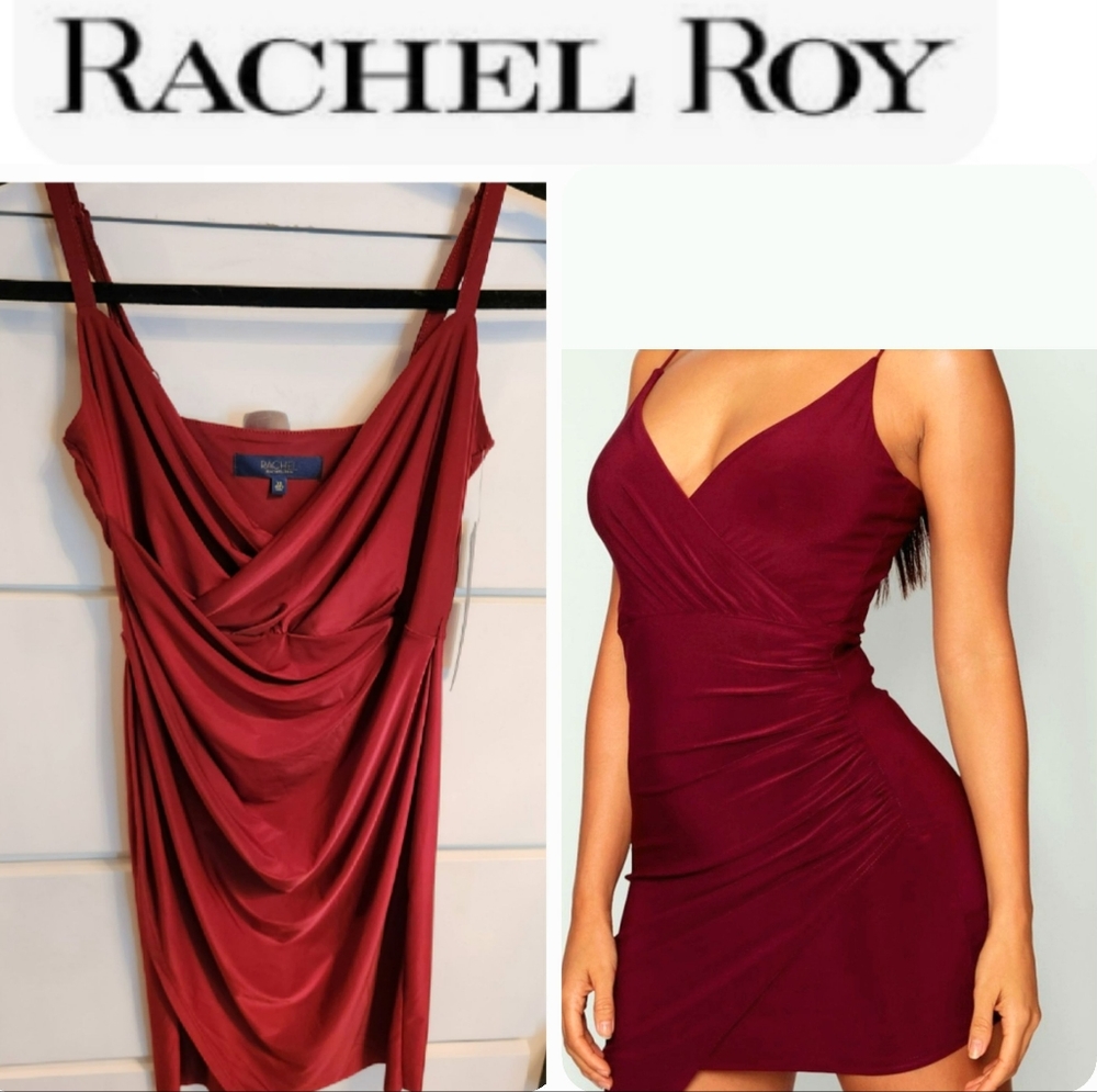 NWT Rachel Roy V-Neckline Burgundy Wine Ruched Front Bodycon Dress